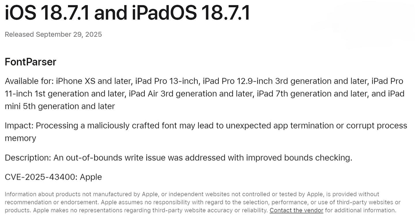 Apple Releases iOS/iPadOS 18.7.1 Official Update to Fix Font Library Vulnerability