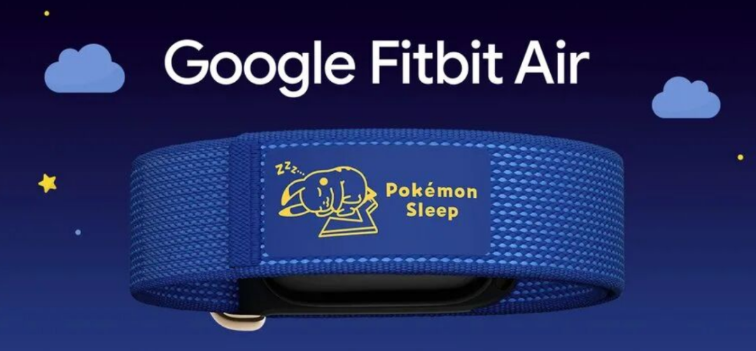 A blue Fitbit Air Special Edition band featuring a custom silk print label of a sleeping Pikachu.
