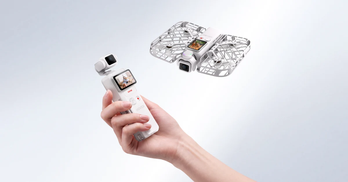 HOVERAir VERSA shown as a handheld gimbal camera and an autonomous flying camera