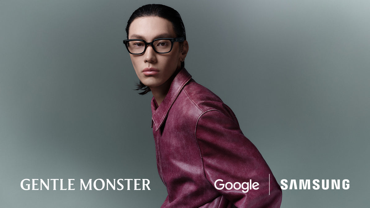 A model wears black Gentle Monster intelligent eyewear developed with Google and Samsung
