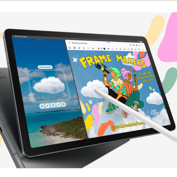 Tablet displaying a colorful app interface with a beach scene and 'Frame Makers' app.
