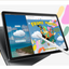 Tablet displaying a colorful app interface with a beach scene and 'Frame Makers' app.